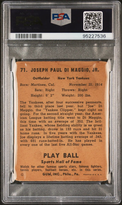 Vintage Joe DiMaggio 1941 Play Ball #71 trading card back in a PSA grading holder