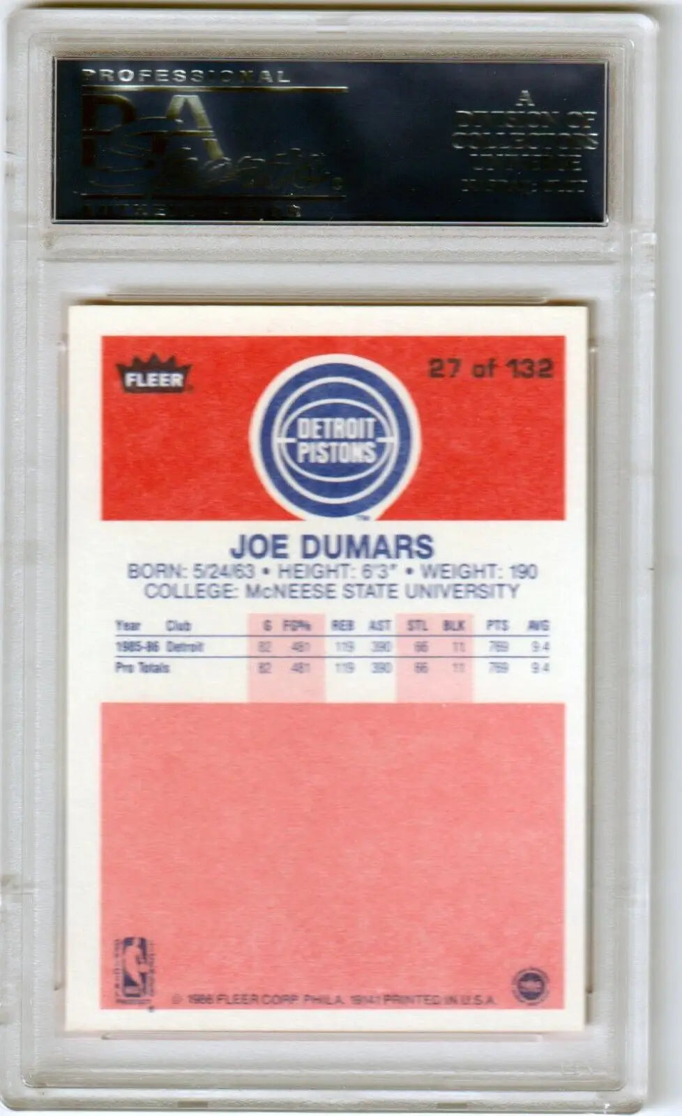 Basketball trading card in protective case for JOE DUMARS 1986-87 Fleer Rookie RC #27 PSA 8.5 NM-MT+ - P