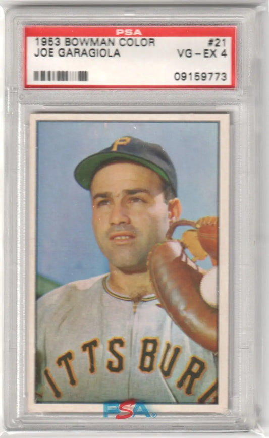 PSA-graded 1953 Bowman Color baseball card of Joe Garagiola in case from Columbia Hobby