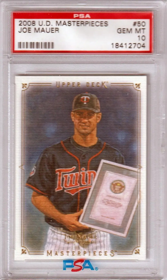 PSA-graded 2008 Upper Deck Masterpieces Joe Mauer baseball card in protective case from Columbia Hobby