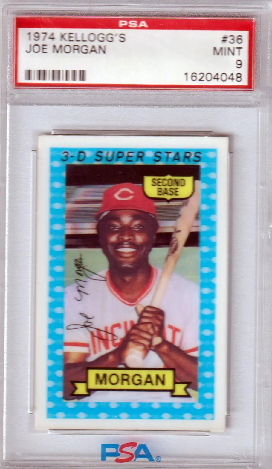 PSA-graded 1974 Kellogg’s Joe Morgan trading card featuring Cincinnati Reds player