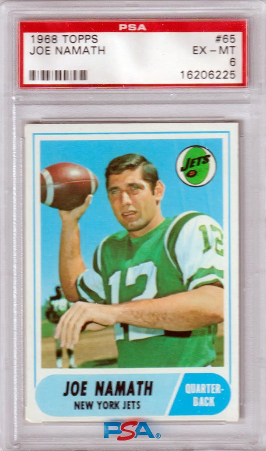 PSA-graded 1968 Topps Joe Namath football card featuring Jets player in green jersey