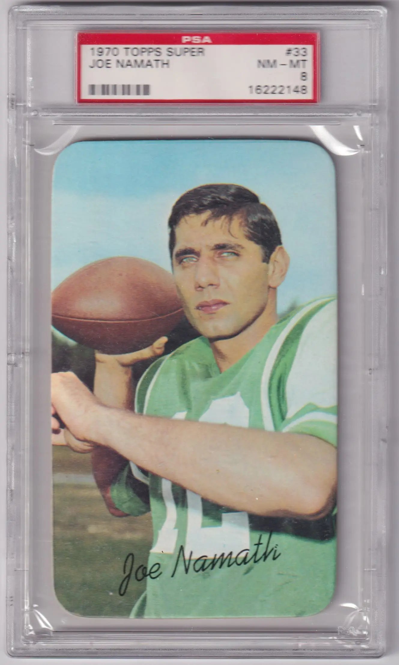 PSA-graded vintage Joe Namath 1970 Topps Super #33 football card in green jersey