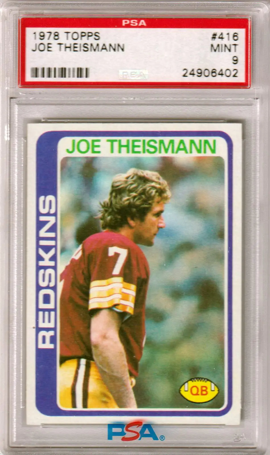 PSA-graded 1978 Topps Joe Theismann Trading Card 416 in mint condition for Redskins fans