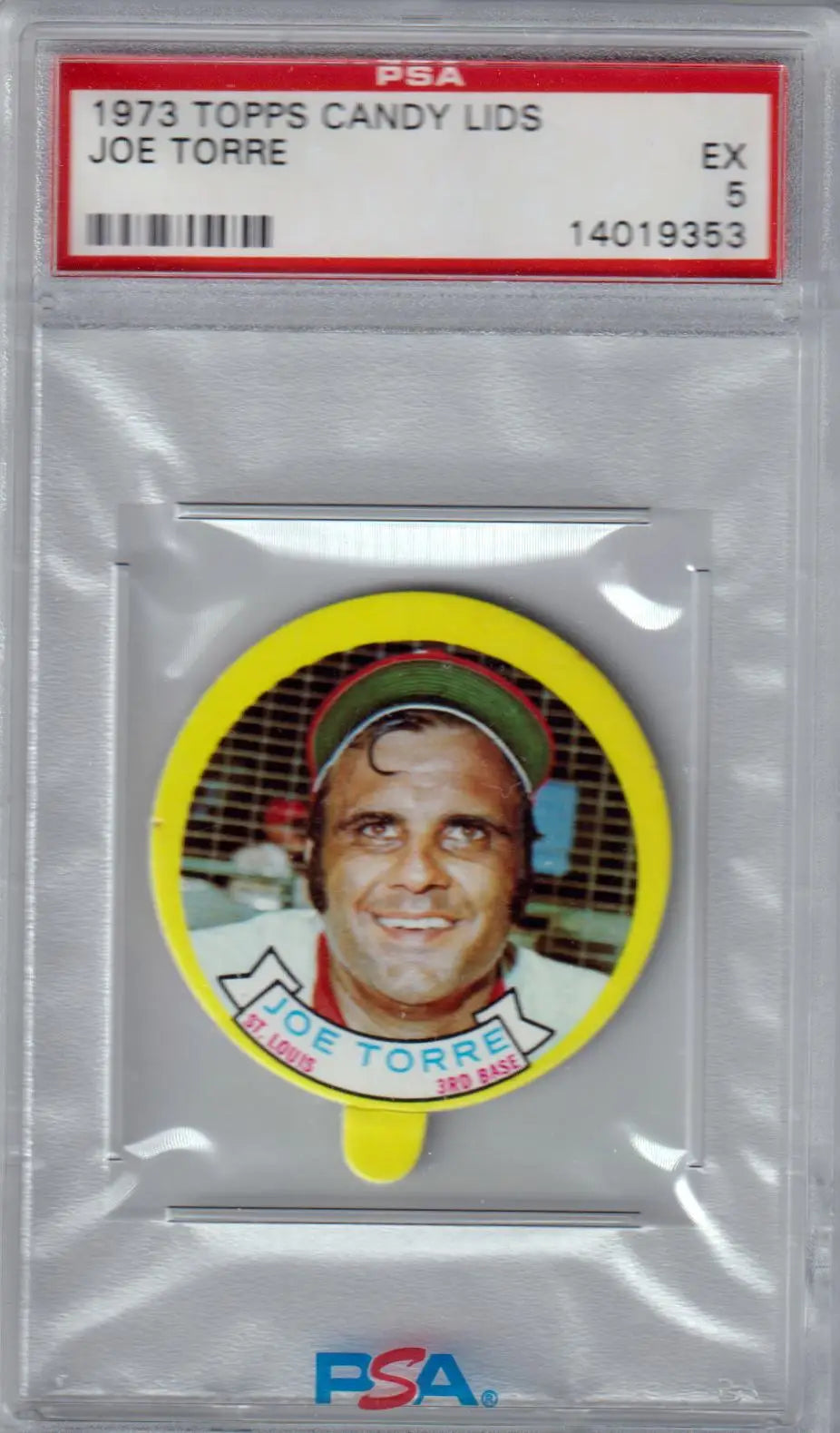 PSA-graded 1953 Topps Candy Lid featuring Cincinnati Reds player in yellow border for Columbia Hobby