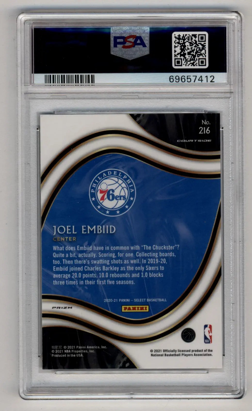 PSA-graded Joel Embiid Select Prizms Elephant basketball card back with blue and black design