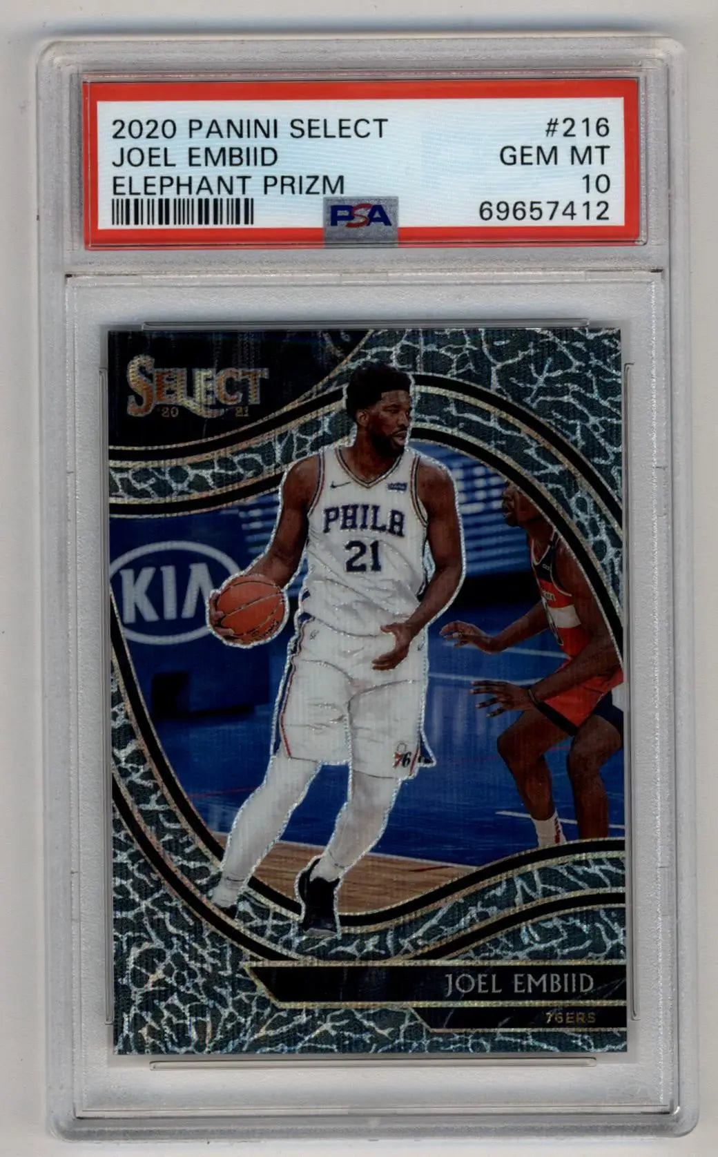 PSA 10 Gem Mint Joel Embiid 2020-21 Select Prizms Elephant basketball card in case