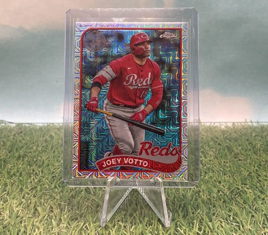 Joey Votto 2024 Topps Chrome Mojo Refractor in protective case on display stand