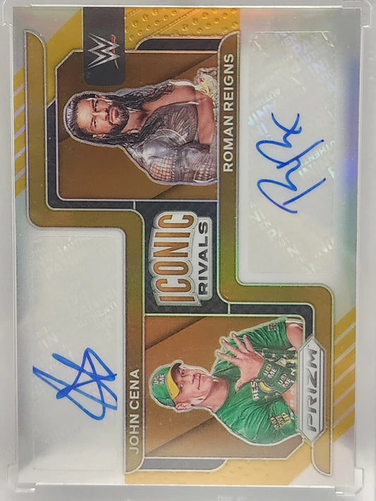 WWE trading card of John Cena and Roman Reigns, featuring Prizm Iconic Rivals Gold auto