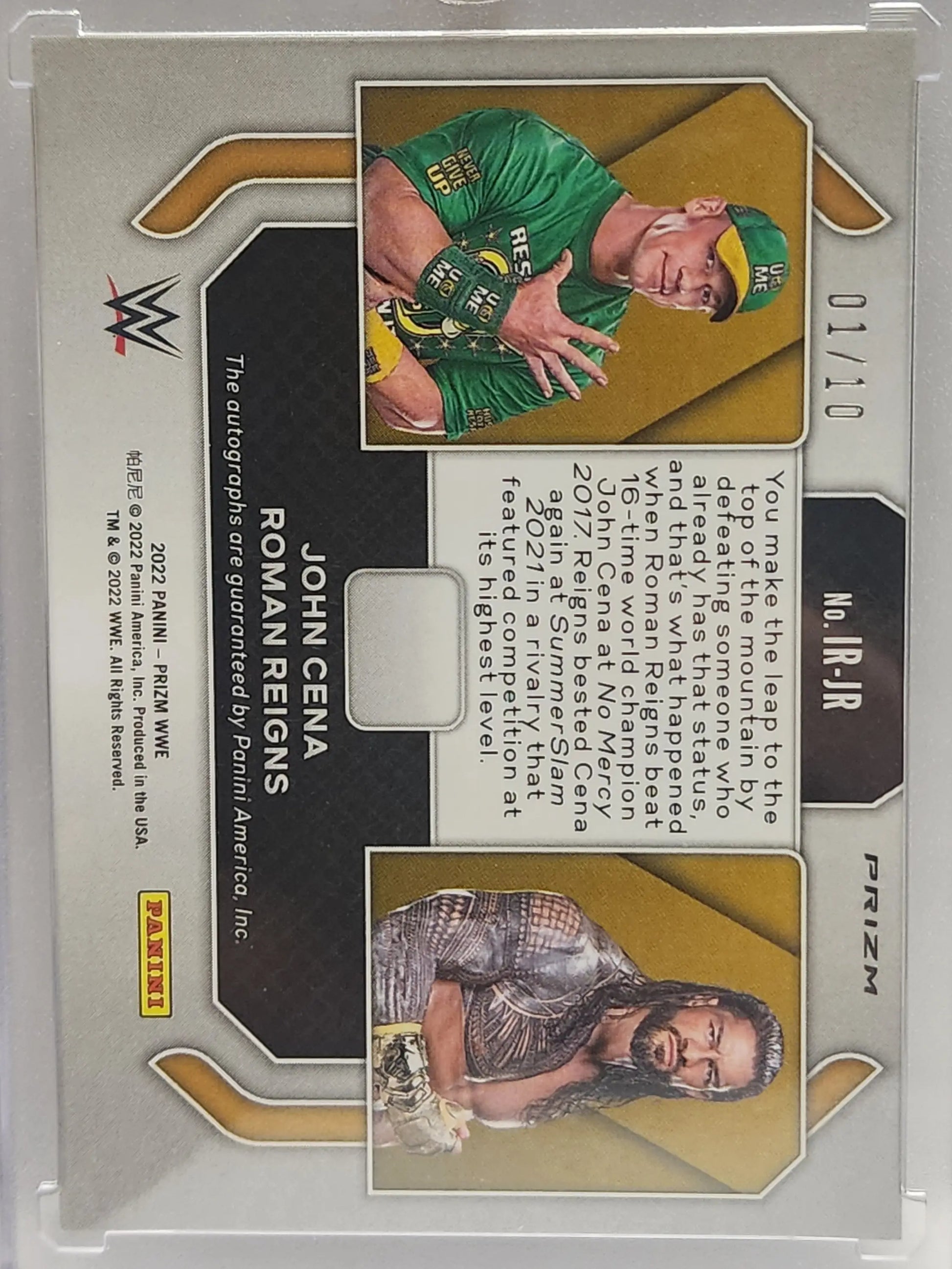 Trading card of John Cena and Roman Reigns in Panini Prizm Iconic Rivals Gold Auto