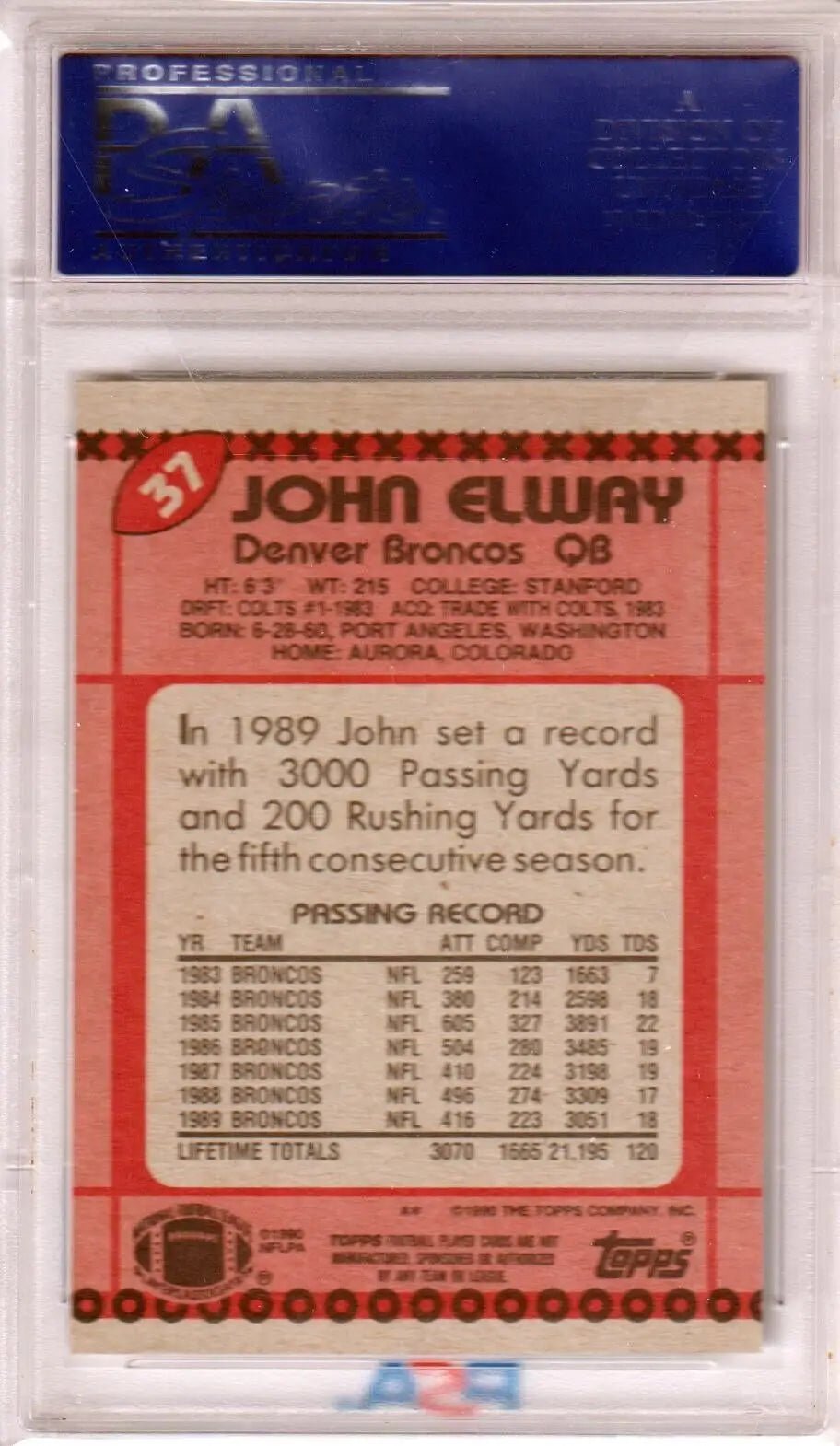 Football trading card of John Elway in protective case from Columbia Hobby with free shipping