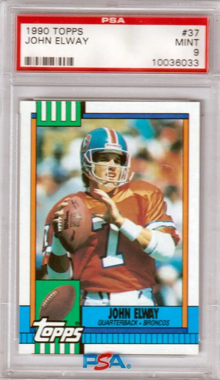 PSA-graded 1990 Topps John Elway football card, Denver Broncos, box free shipping available