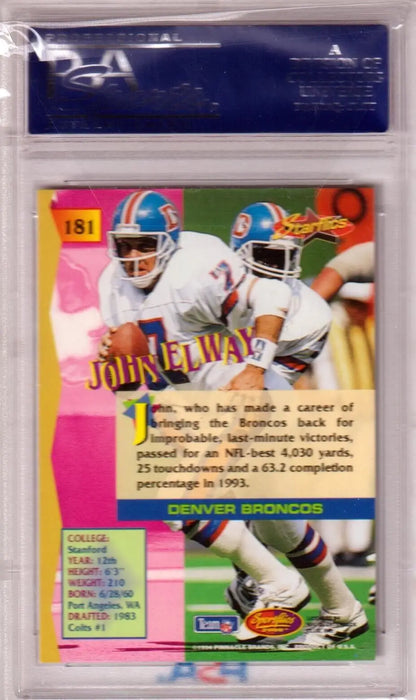 Football trading card of John Elway in protective case, Denver Broncos single cards