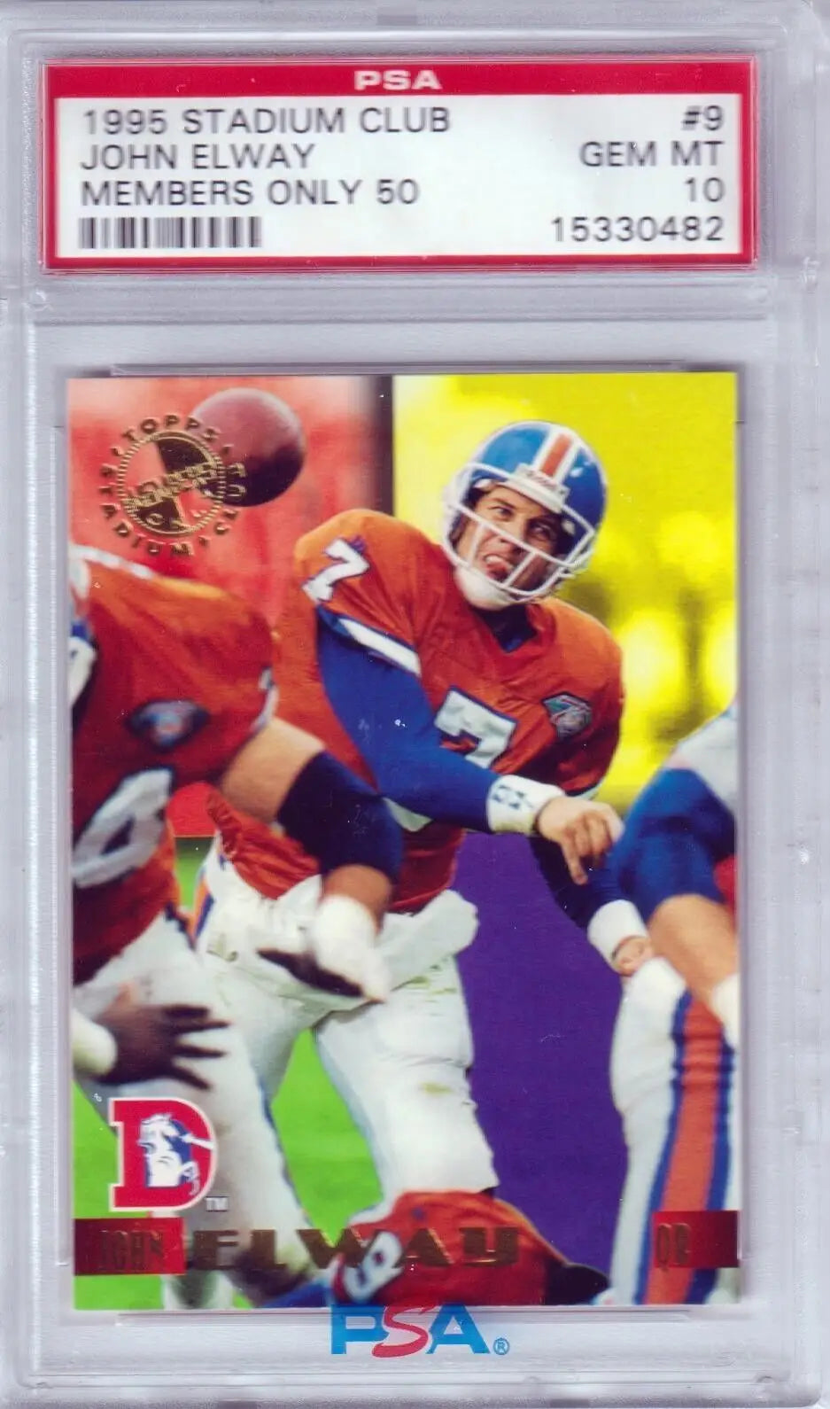 PSA-graded 1995 Stadium Club football card of John Elway for sale at Columbia Hobby