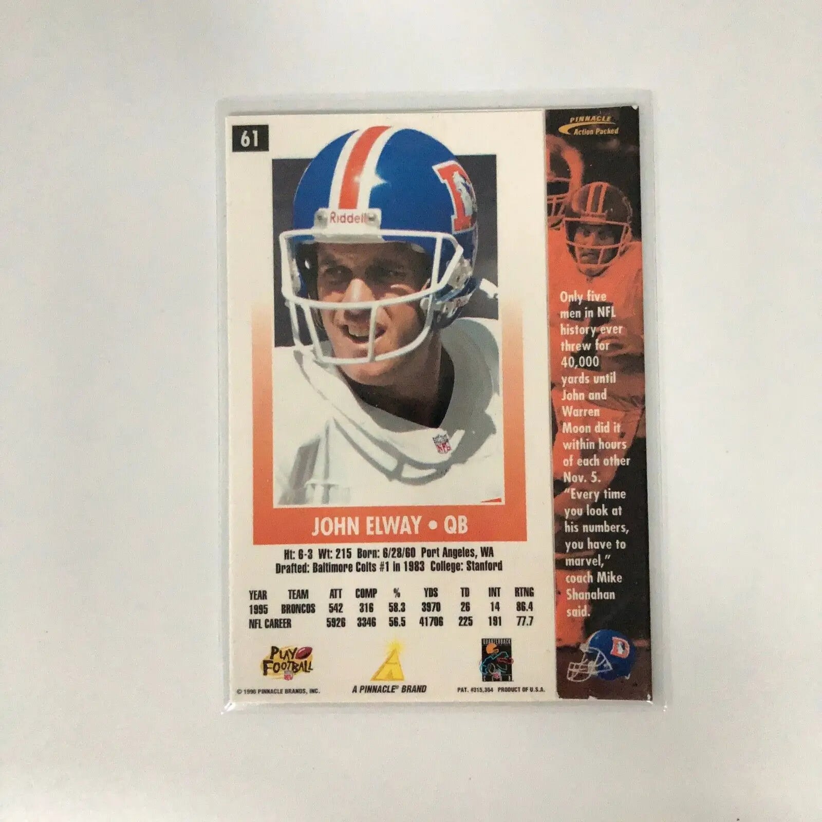 John Elway 1996 Pinnacle #61 Denver Broncos football card collectible 스포츠 카드