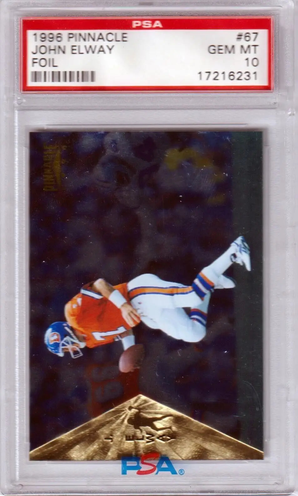 PSA-graded 1992 Pinnacle foil John Elway card in a protective case from Columbia Hobby