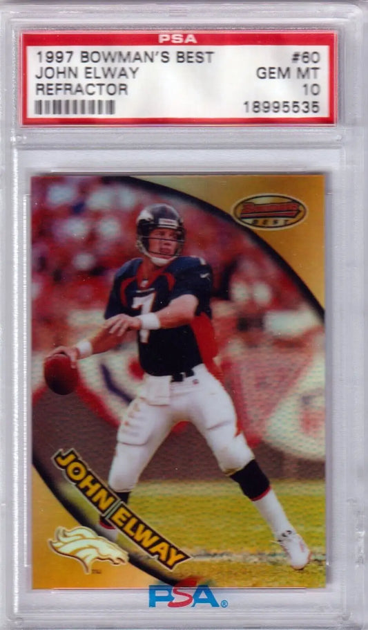 PSA 10 GEM MINT John Elway 1997 Bowman’s Best Refractor Broncos football card from Columbia Hobby