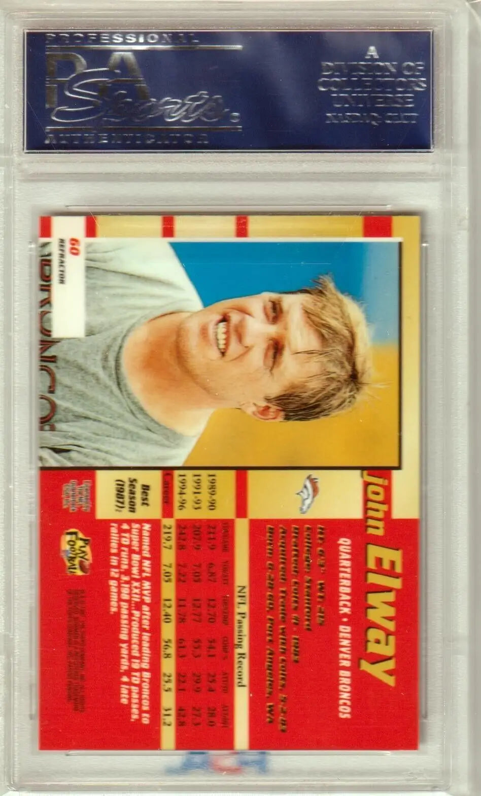 Baseball trading card encased in protective holder, JOHN ELWAY 1997 Bowman’s Best Refractor