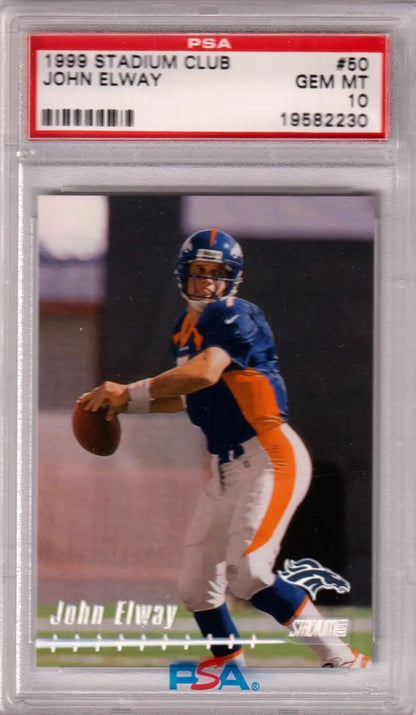 PSA-graded 1992 Stadium Club card of John Elway in Broncos uniform at Columbia Hobby