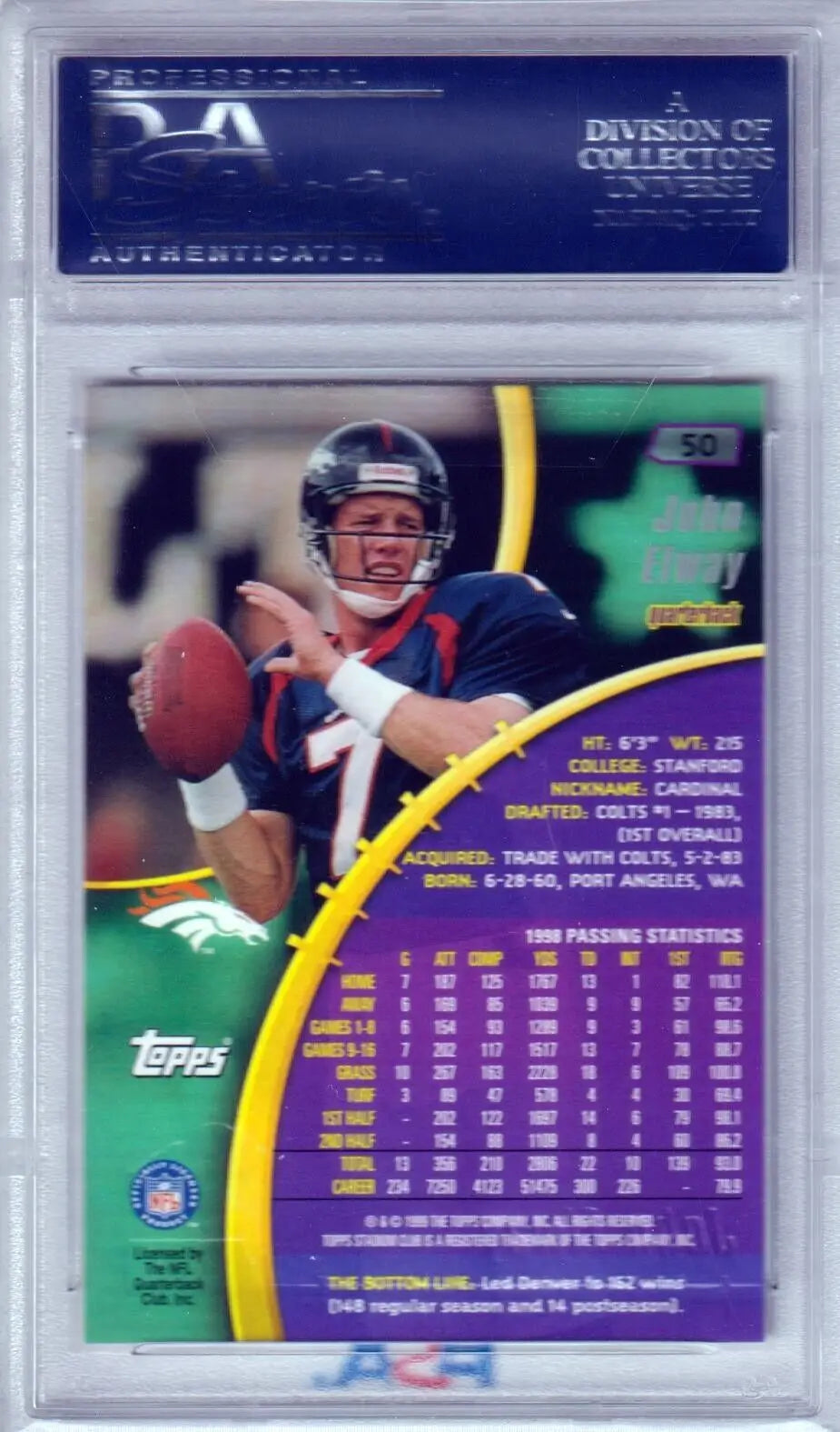 John Elway 1999 Topps Stadium Club PSA 10 GEM MINT single card in protective case