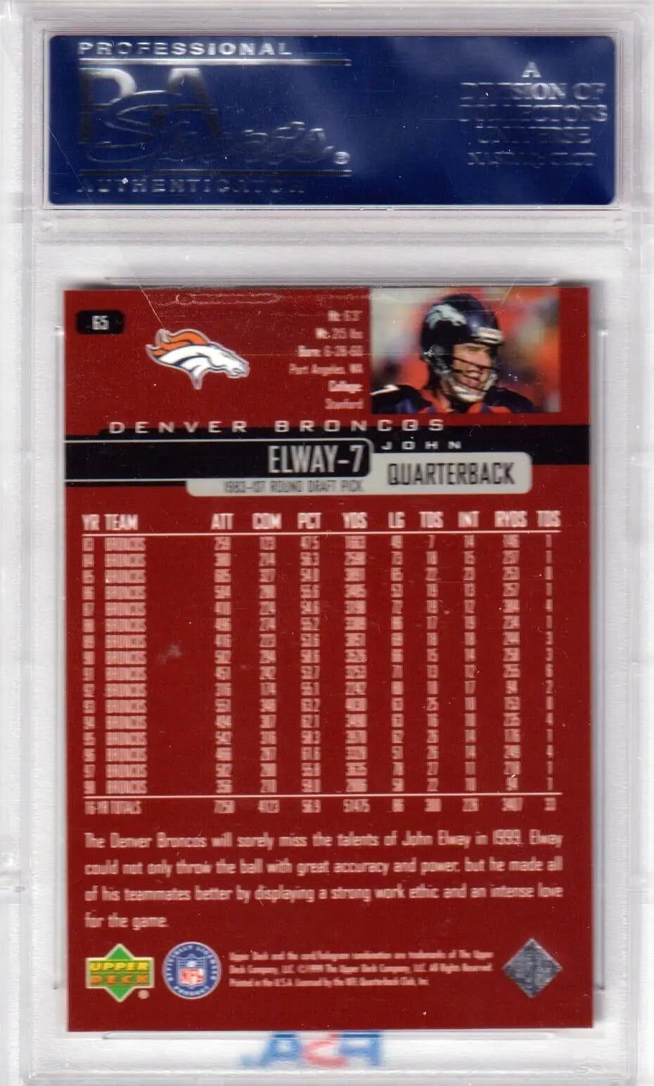 Red Denver Broncos John Elway 1999 Upper Deck trading card in protective case from Columbia Hobby