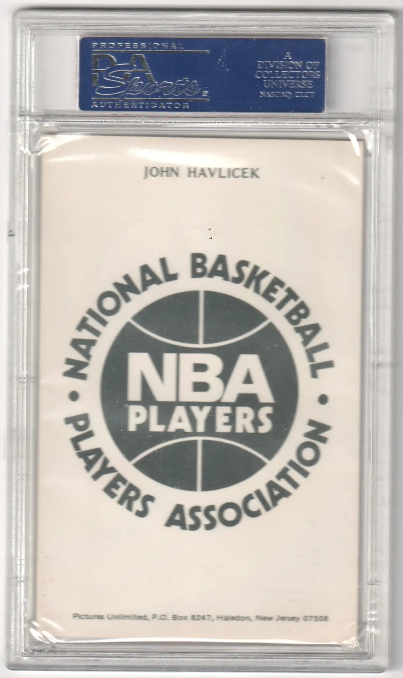 NBA Players Association logo in circular design on John Havlicek 1973 postcard by Columbia Hobby