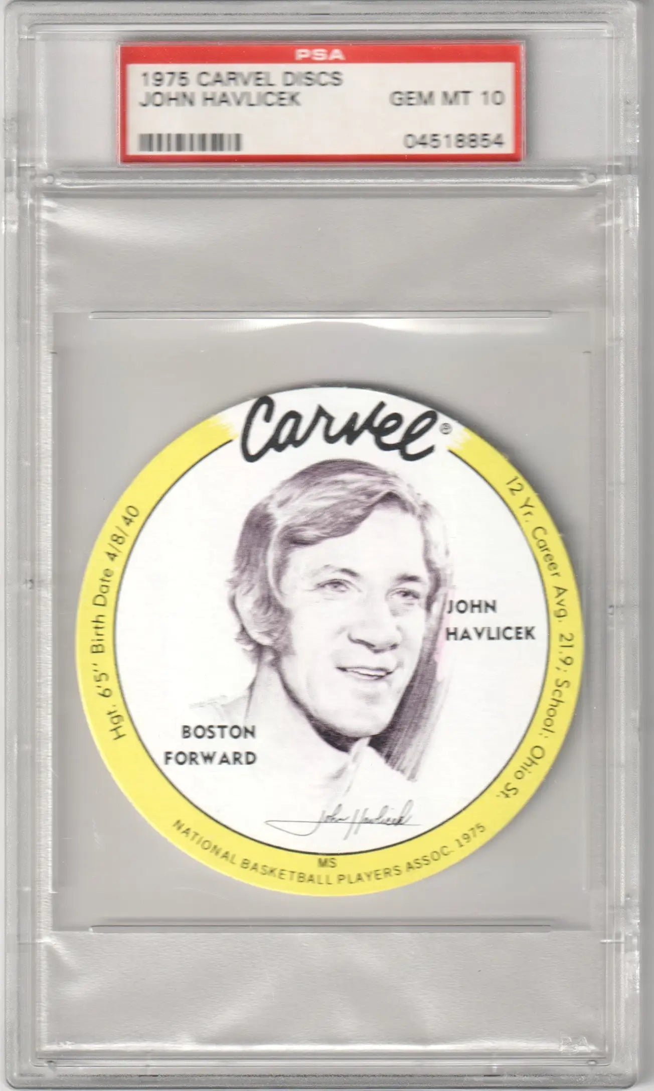 PSA-graded John Havlicek 1975-76 Carvel Discs card with black and white portrait