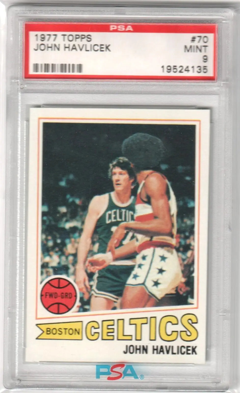 PSA-graded 1977 Topps Boston Celtics John Havlicek card in protective case from Columbia Hobby