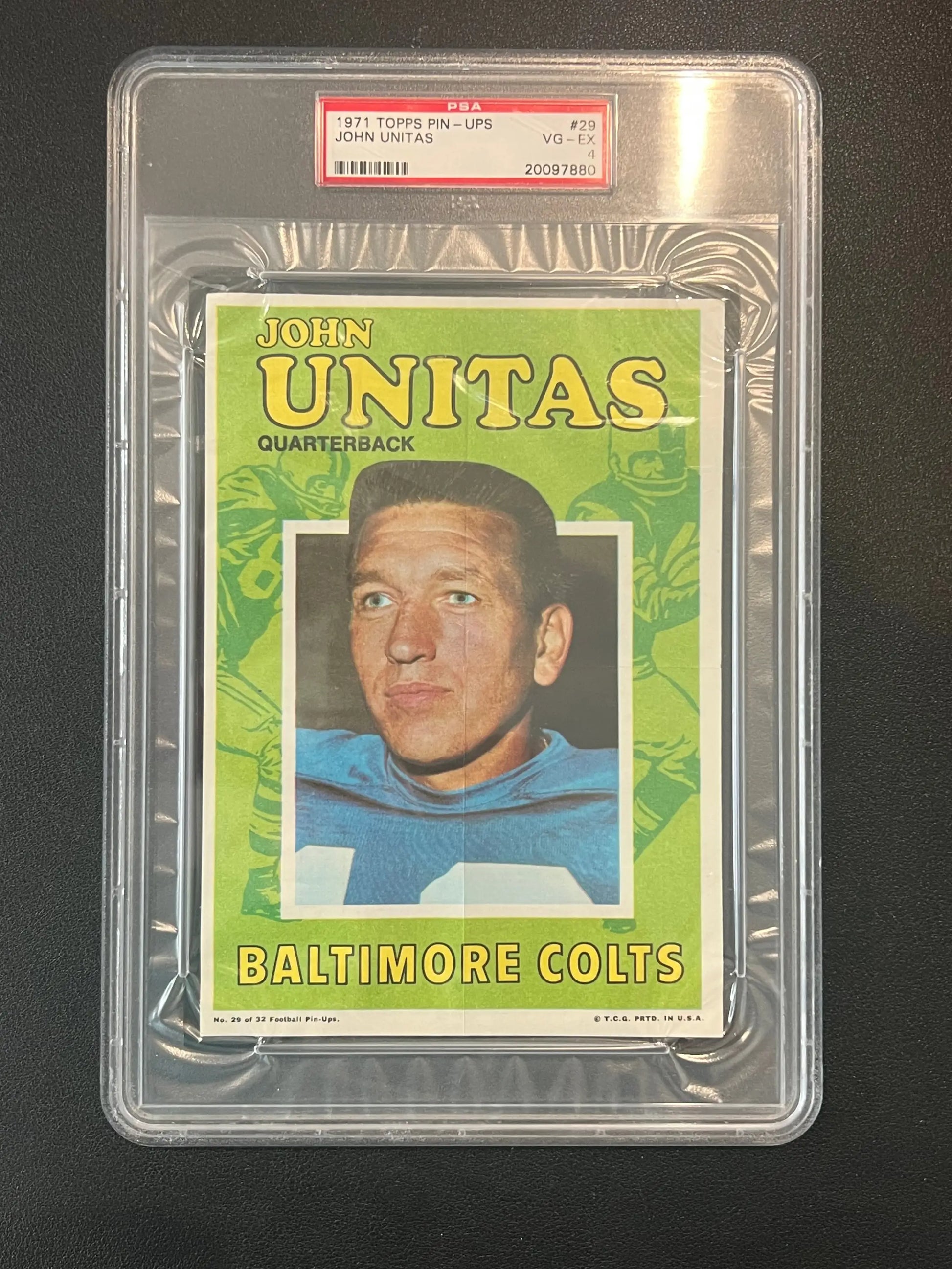 PSA-graded 1971 Topps Pin-Ups Johnny Unitas football card in protective case from Columbia Hobby