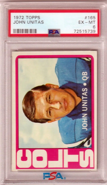 PSA-graded 1972 Topps Johnny Unitas football card in case available at Columbia Hobby