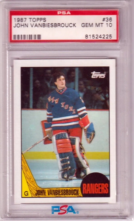 PSA-graded 1987 Topps hockey card of John Vanbiesbrouck, NY Rangers goalie, Columbia Hobby