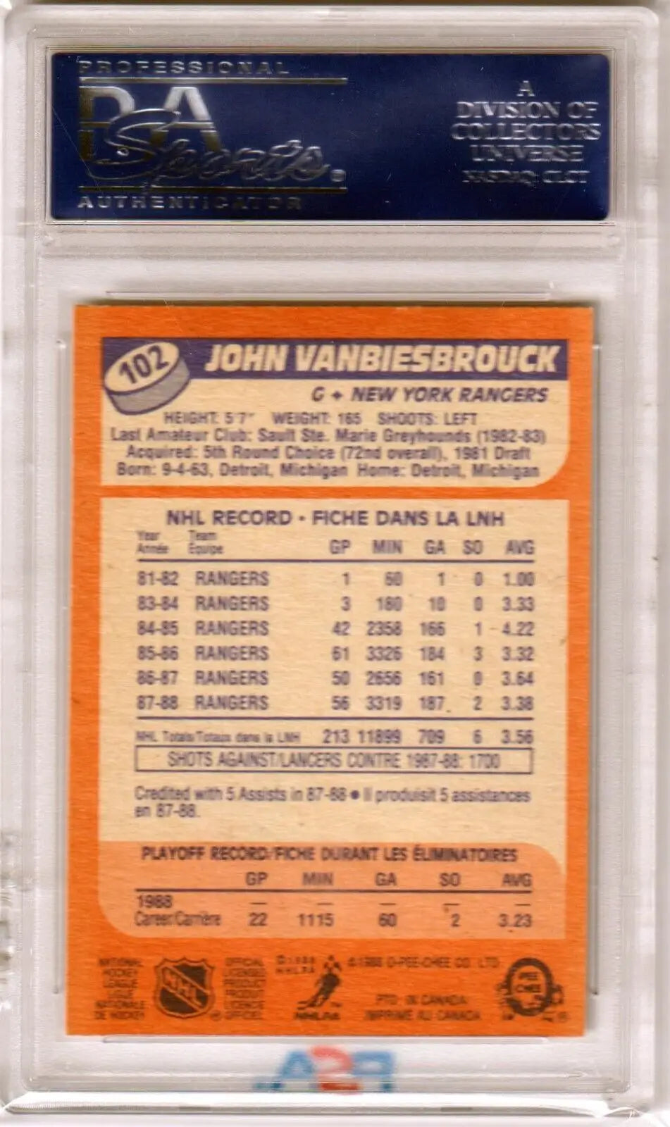 PSA-graded John Vanbiesbrouck 1988 O-Pee-Chee hockey card with orange back statistics