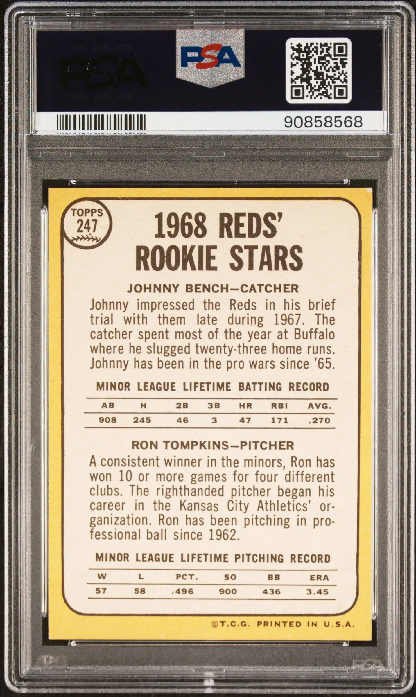 1968 Cincinnati Reds Rookie Stars baseball card of Johnny Bench in PSA 7 holder