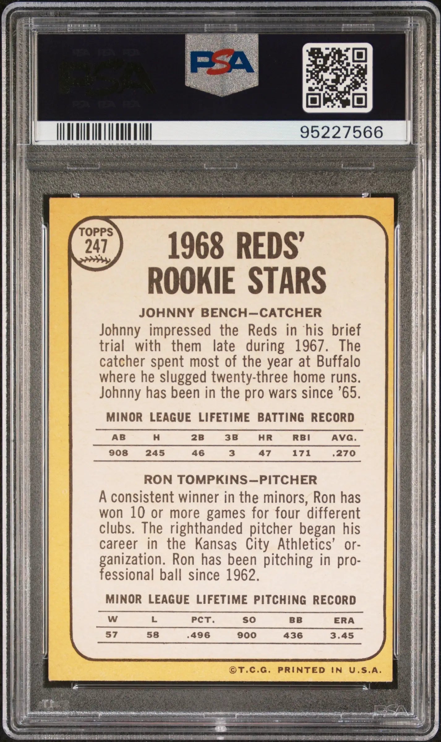 Back of 1968 Reds Rookie Stars card showing Johnny Bench stats and biographical info