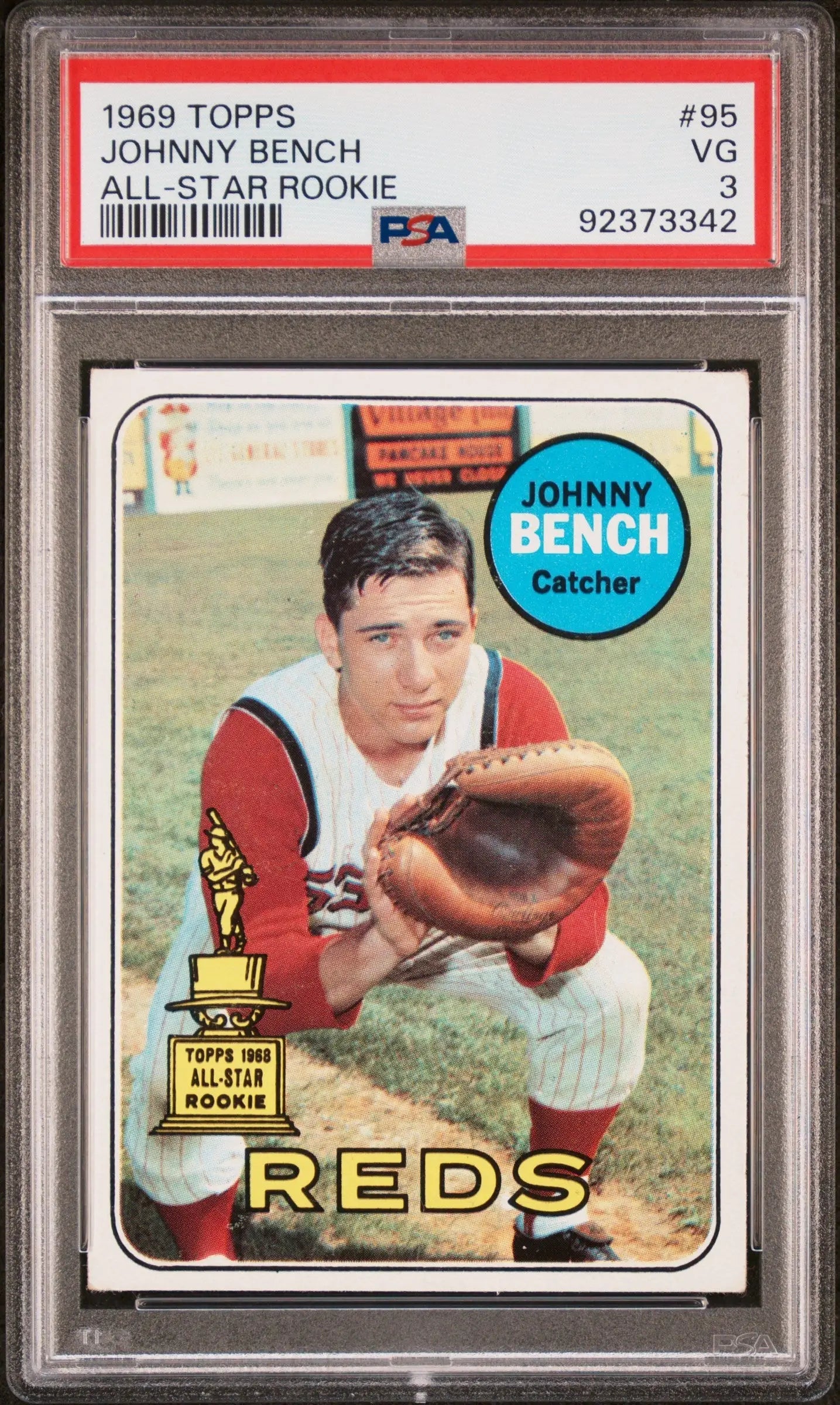 PSA-graded Johnny Bench 1969 Topps baseball card showcasing the catcher in uniform