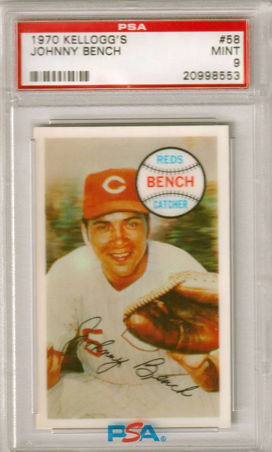 PSA-graded 1970 Johnny Bench Kellogg’s baseball card in protective case for collectors