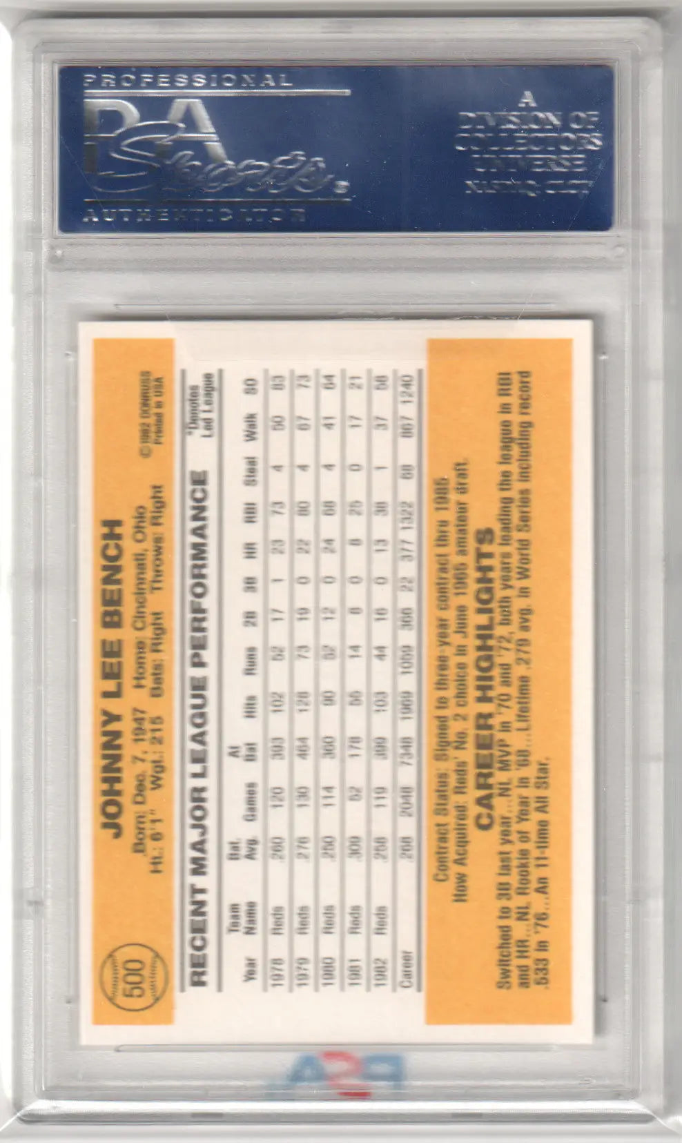 Johnny Bench 1983 Donruss #500 PSA 10 GEM MINT Baseball Card in Protective Holder