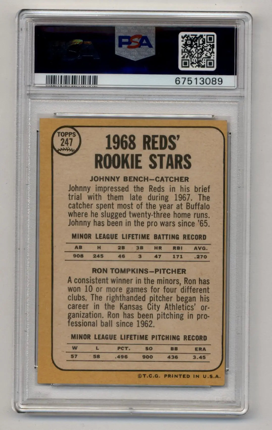 1968 Reds Rookie Stars Johnny Bench Ron Tompkins baseball card in PSA 5 holder