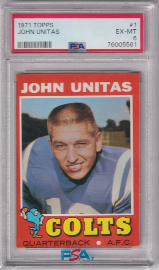 PSA-graded 1971 Topps Johnny Unitas card in case from Columbia Hobby with box free shipping