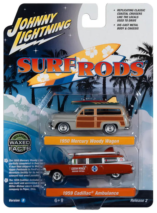 Toy car packaging with Johnny Lightning Surf Rods featuring Mercury Woody Wagon and Cadillac