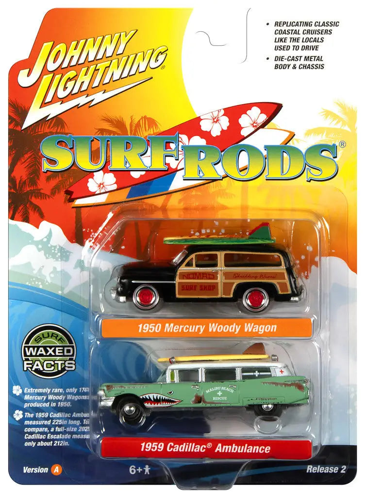 Johnny Lightning 1:64 set featuring Mercury Woody Wagon and vintage Cadillac toy cars