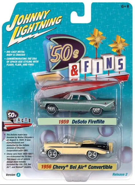 Packaged Johnny Lightning toy car set with 1956 Chevy Bel Air and 1959 DeSoto Fireflite