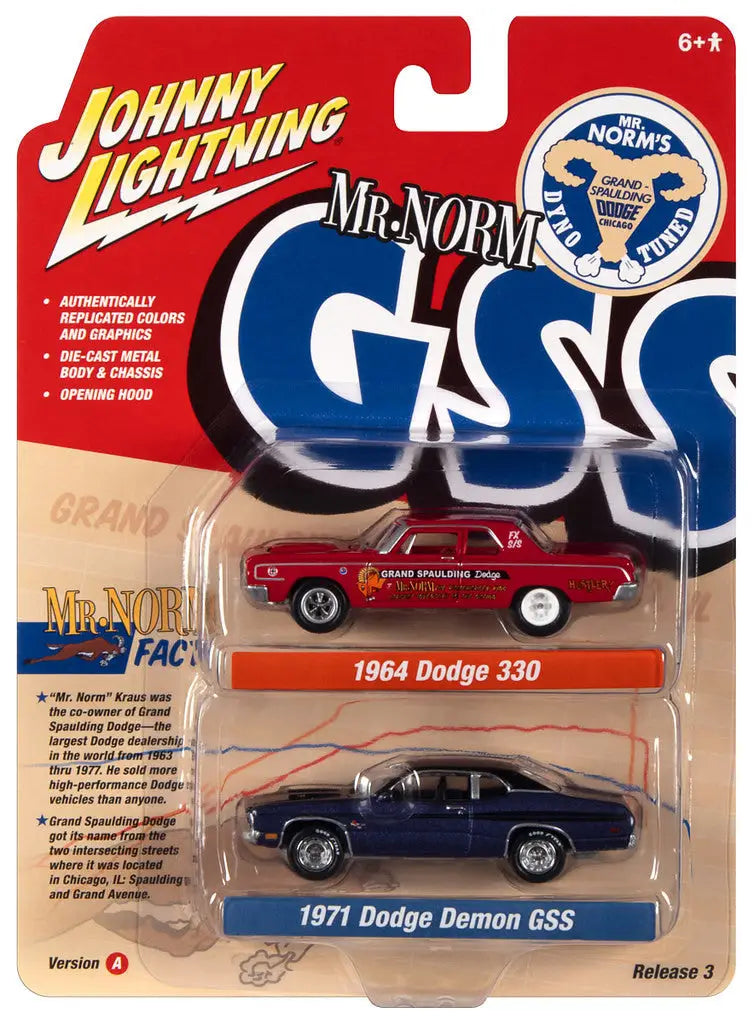 Packaged toy car set featuring Johnny Lightning 1964 Dodge 330 and 1971 Dodge Demon models