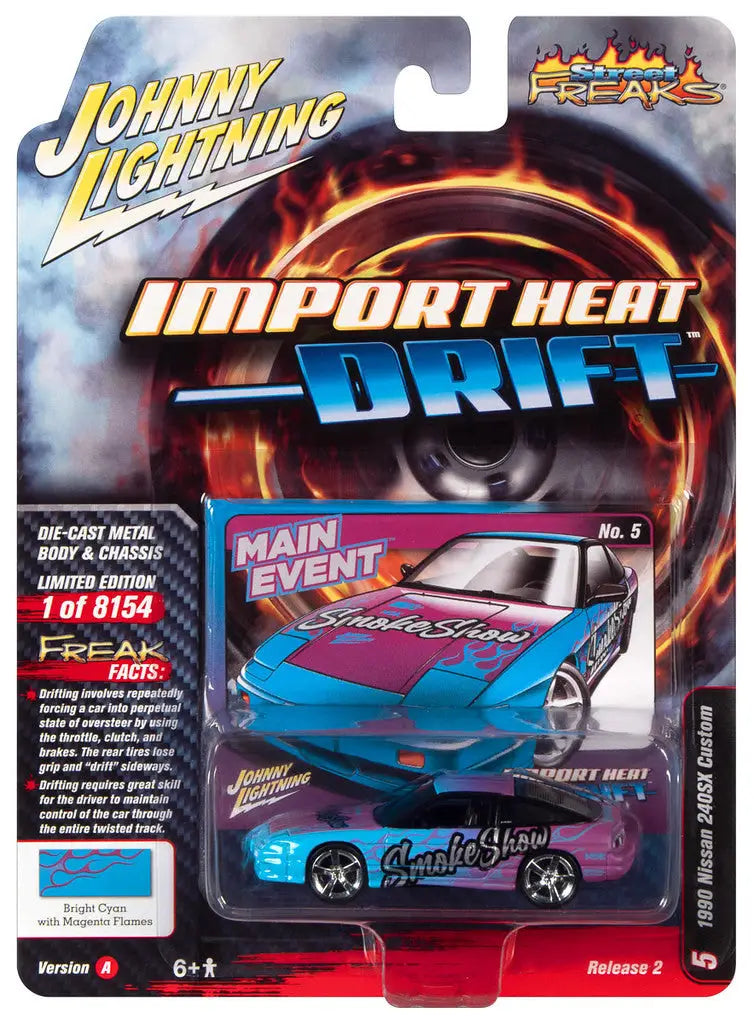 Johnny Lightning Street Freaks Ver A packaging of a blue and purple Import Heat Drift car