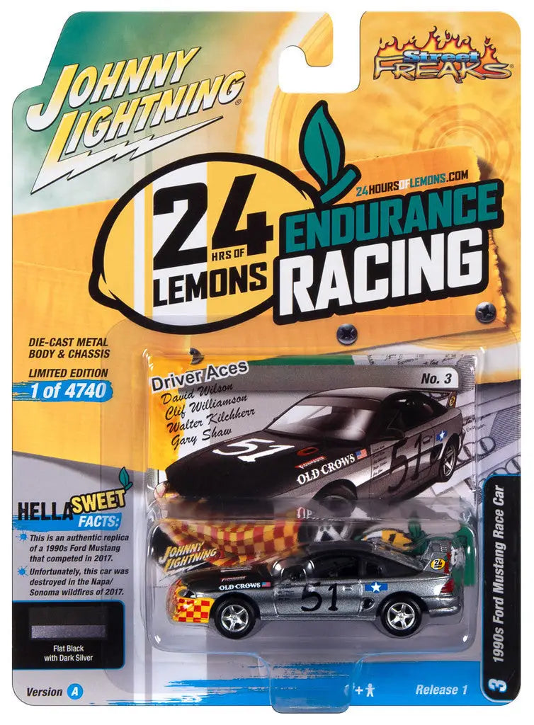 Johnny Lightning Street Freaks Ver A 1990s Ford Mustang Race Car in 24 Hours of Lemons packaging