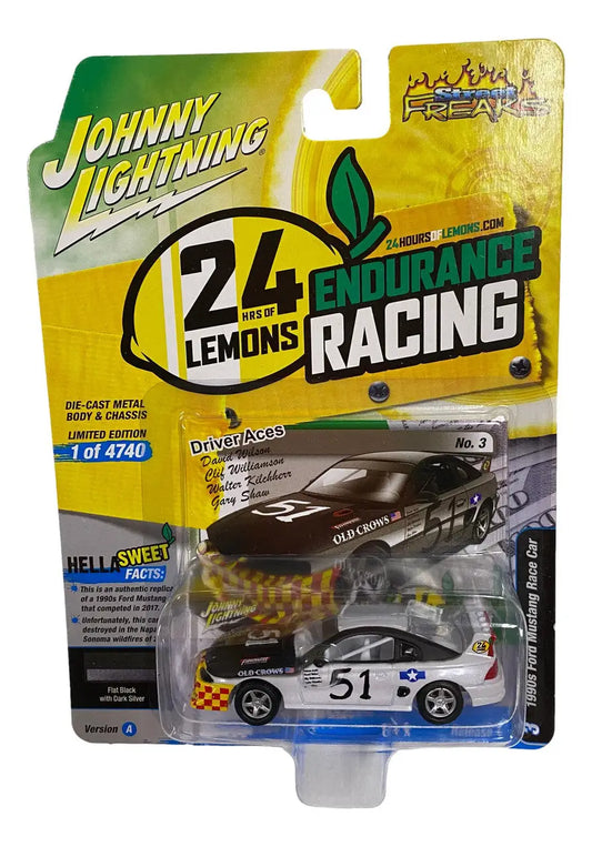 Die-cast Johnny Lightning 1990s Ford Mustang street freaks race car in Lemons packaging