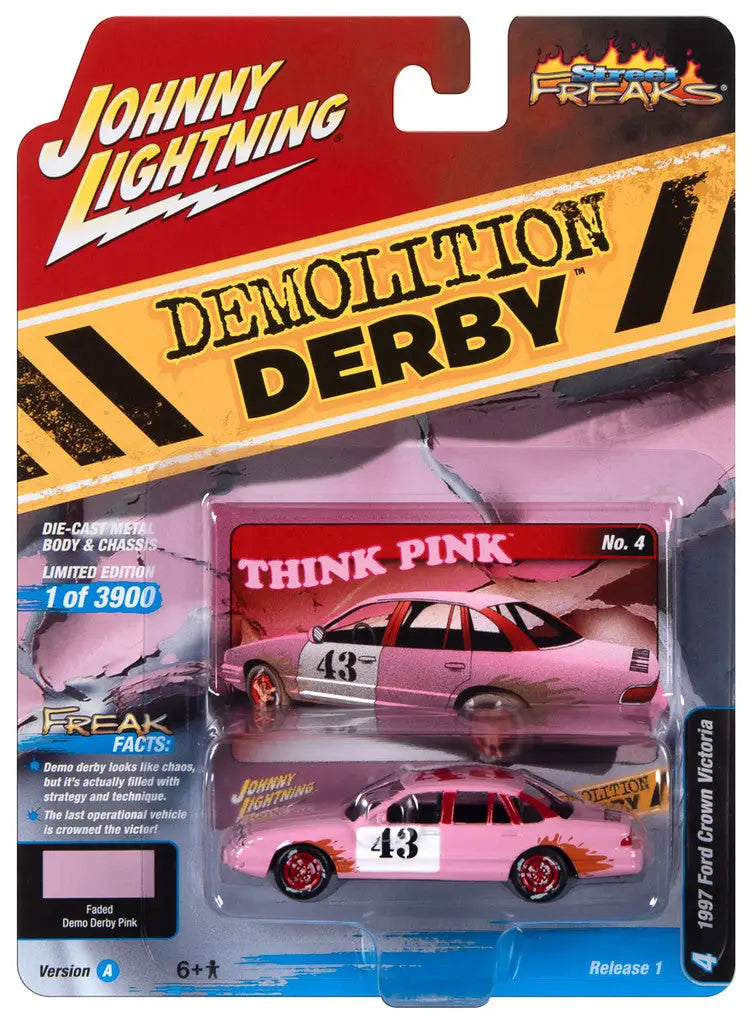 Toy car packaging of Johnny Lightning Street Freaks Ver featuring pink demolition derby vehicle