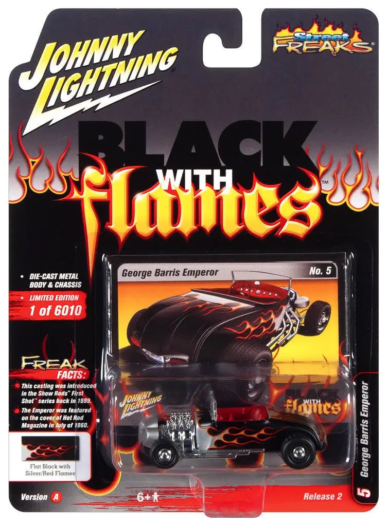 Toy car packaging of Johnny Lightning Street Freaks Ver A Black with Flames die-cast vehicle