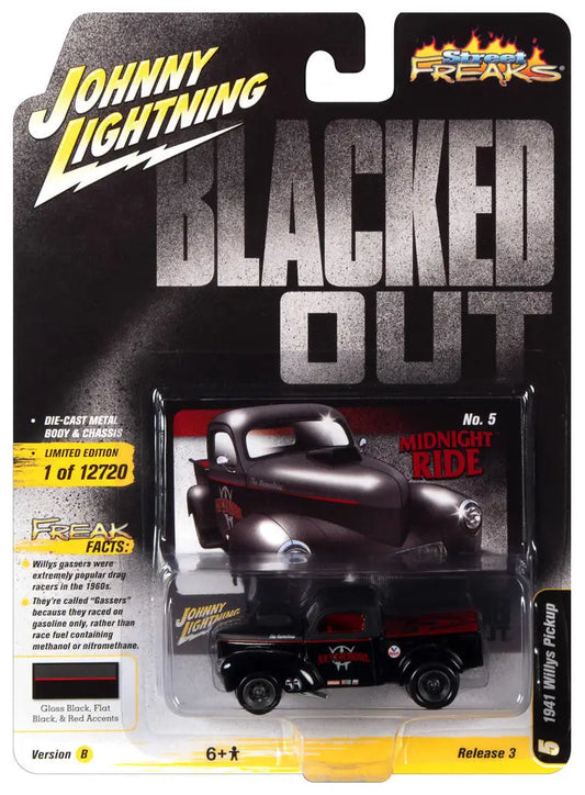 Die-cast model of a black vintage Willys Pickup Gloss Black in Johnny Lightning packaging