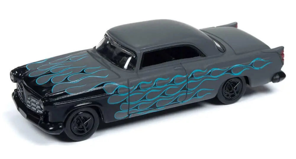 Black classic Johnny Lightning Street Freaks car with turquoise flame designs